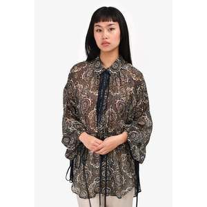 Chloe Navy/Brown Patterned Sheer Drawstring Blouse Size 36